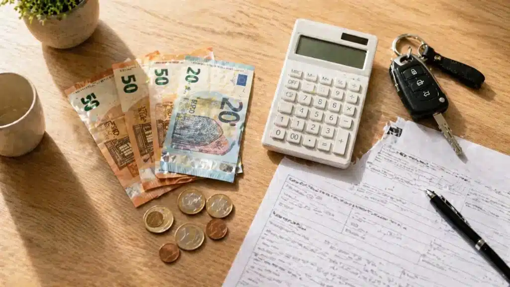 Calculadora, billetes de euro y llaves de coche calculando precio autoescuela en Murcia
