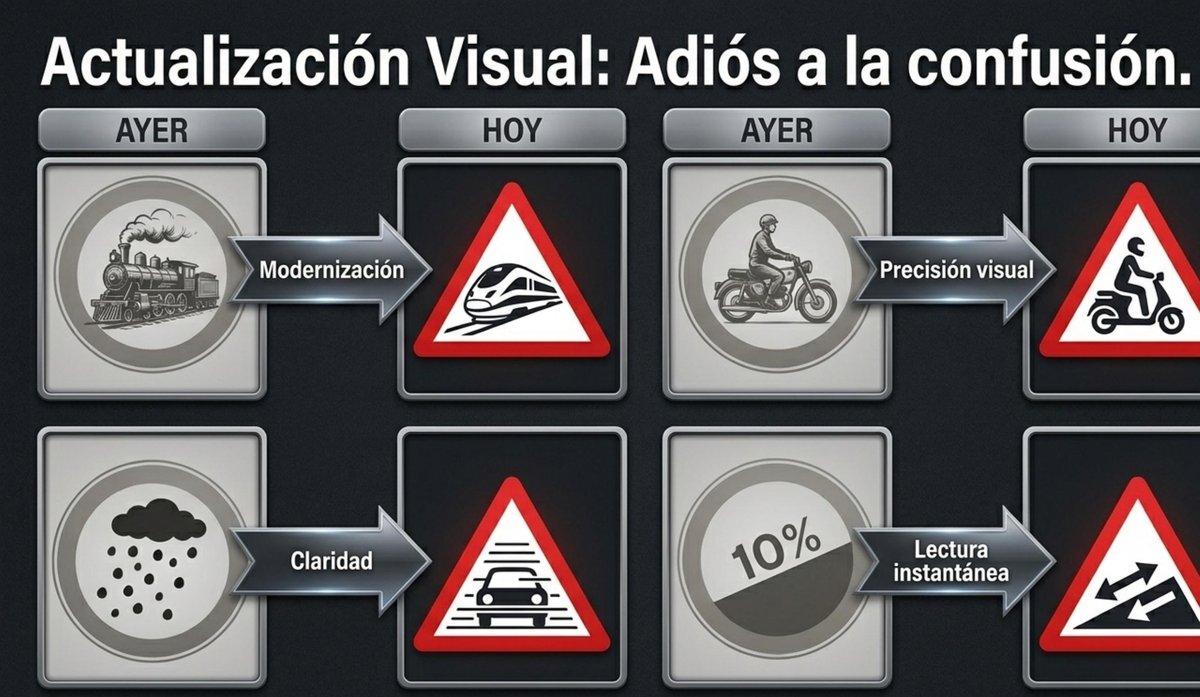 Comparativa antes y después de las nuevas señales DGT 2026: locomotora moderna, motocicleta moderna, visibilidad reducida y pendientes con flecha