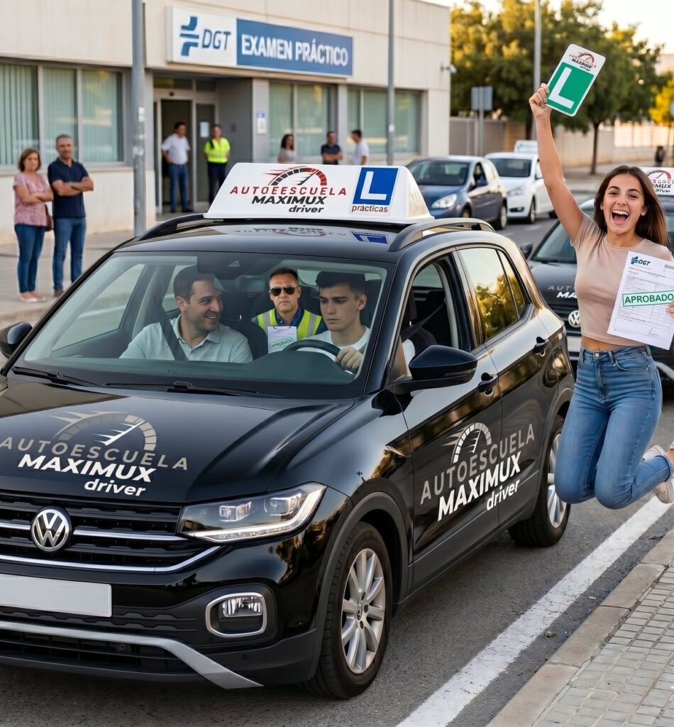 Alumna celebrando con el papel de APROBADO del examen práctico DGT junto al coche escuela Maximux Driver en Murcia
