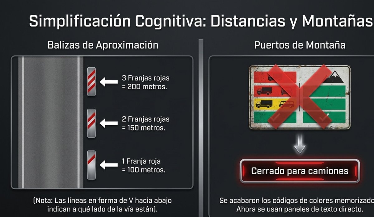 Balizas de aproximación DGT 2026: 3 franjas rojas 200 metros, 2 franjas 150m, 1 franja 100m y nuevo cartel puertos de montaña