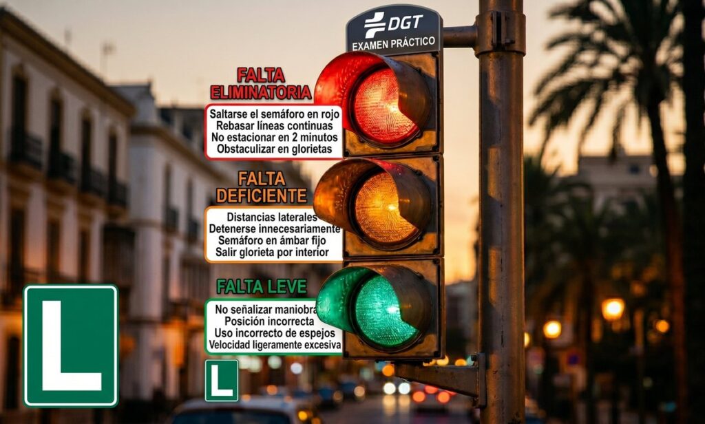 Semáforo DGT con las faltas leves, deficientes y eliminatorias del examen práctico de conducir en Murcia