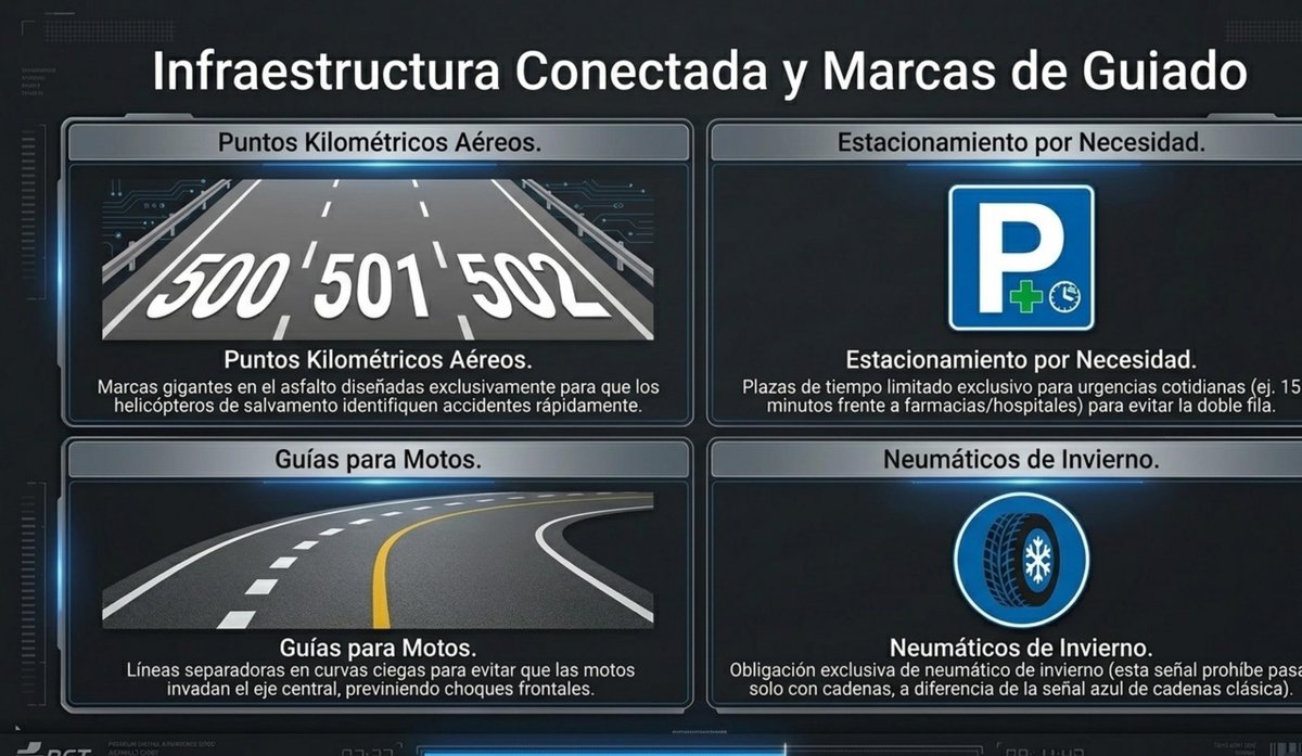 Infraestructura conectada DGT 2026: puntos kilométricos aéreos, estacionamiento por necesidad farmacia, guías para motos en curva y neumáticos de invierno