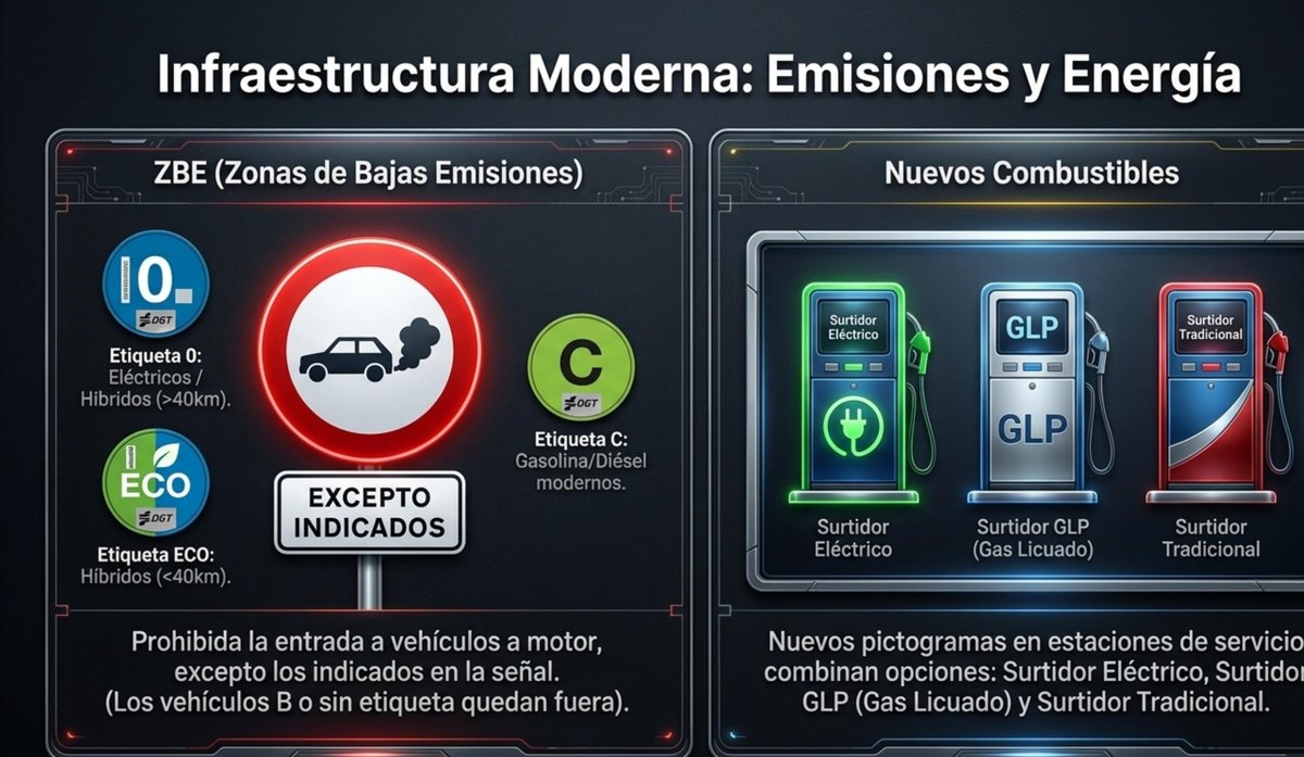 Señal R-120 Zona de Bajas Emisiones DGT 2026 con etiquetas Cero ECO C y nuevos surtidores eléctrico GLP y tradicional