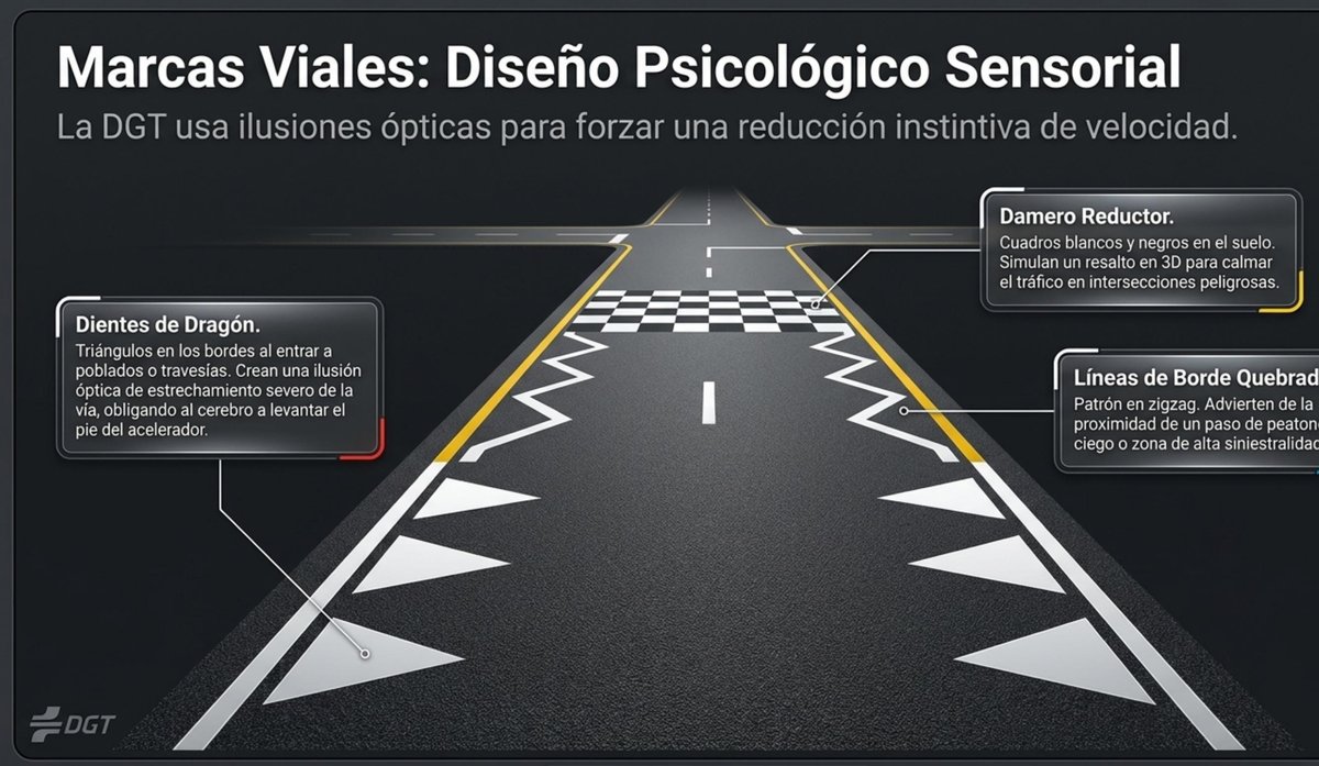 Nuevas marcas viales DGT 2026: dientes de dragón, damero reductor y líneas de borde quebrado para reducir velocidad