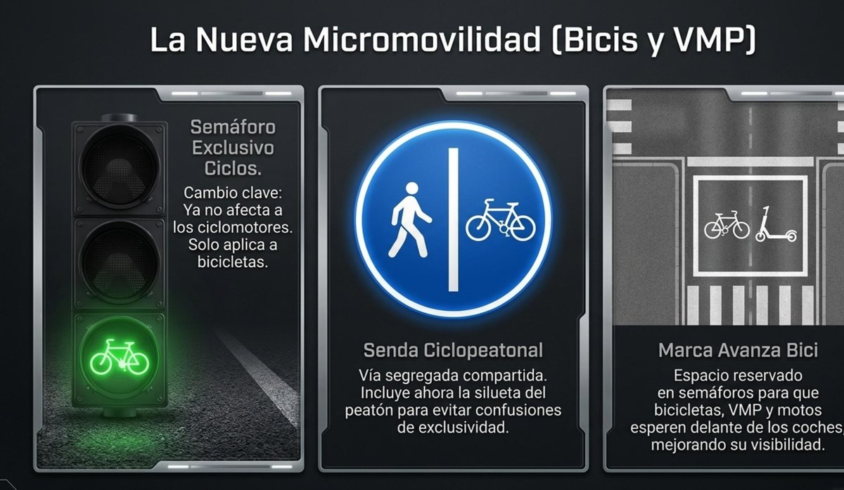 Nuevas señales DGT 2026 de micromovilidad: semáforo exclusivo ciclos, senda ciclopeatonal y marca avanza bici