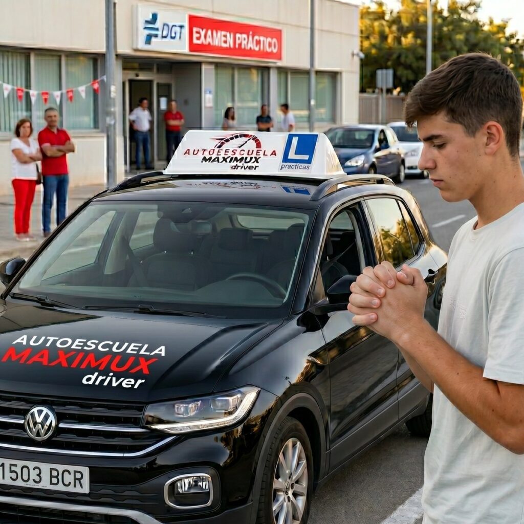 Alumno nervioso con las manos cruzadas rezando antes del examen práctico de conducir DGT en Murcia junto al coche de Autoescuela Maximux Driver