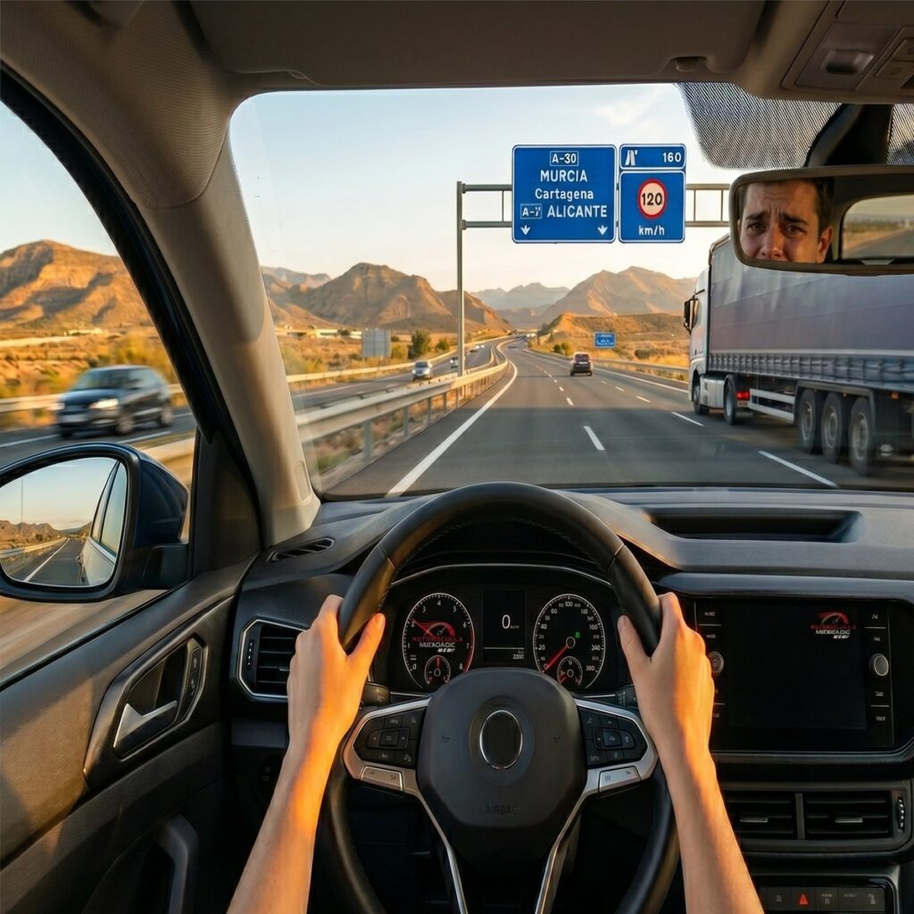 Vista interior de coche escuela conduciendo por la autovía A-30 hacia Murcia con cartel de dirección visible, camión adelantando y profesor de Maximux Driver reflejado en el espejo retrovisor