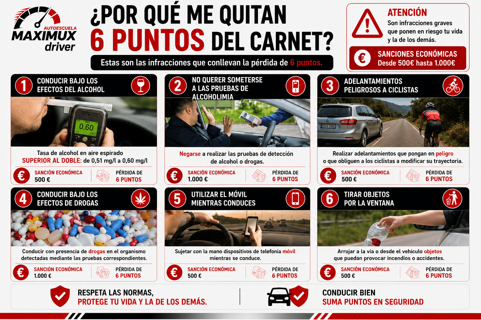 Por qué me quitan 6 puntos del carnet - Maximux Driver Infracciones que quitan 6 puntos del carnet DGT 2026