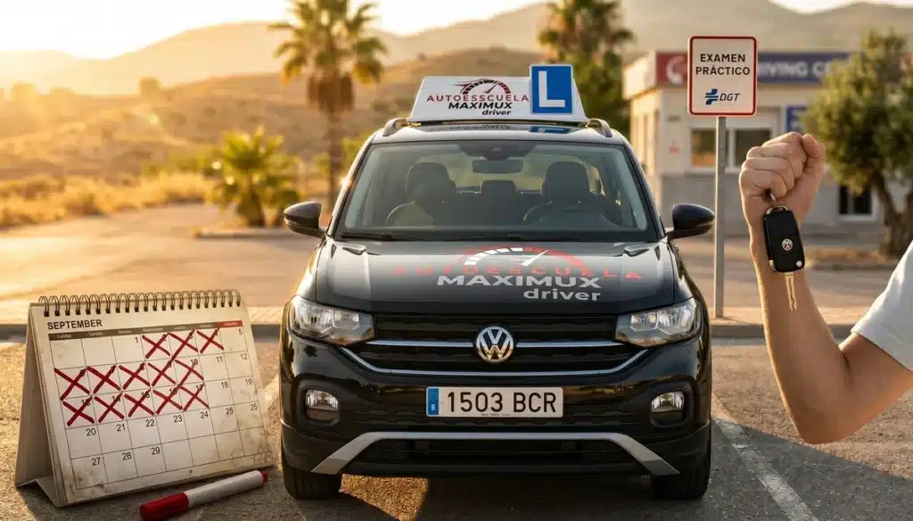 Coche escuela Maximux Driver junto a calendario con días tachados y mano sosteniendo llaves del coche, simbolizando el plan acelerado para sacarse el carnet de conducir rápido en Murcia