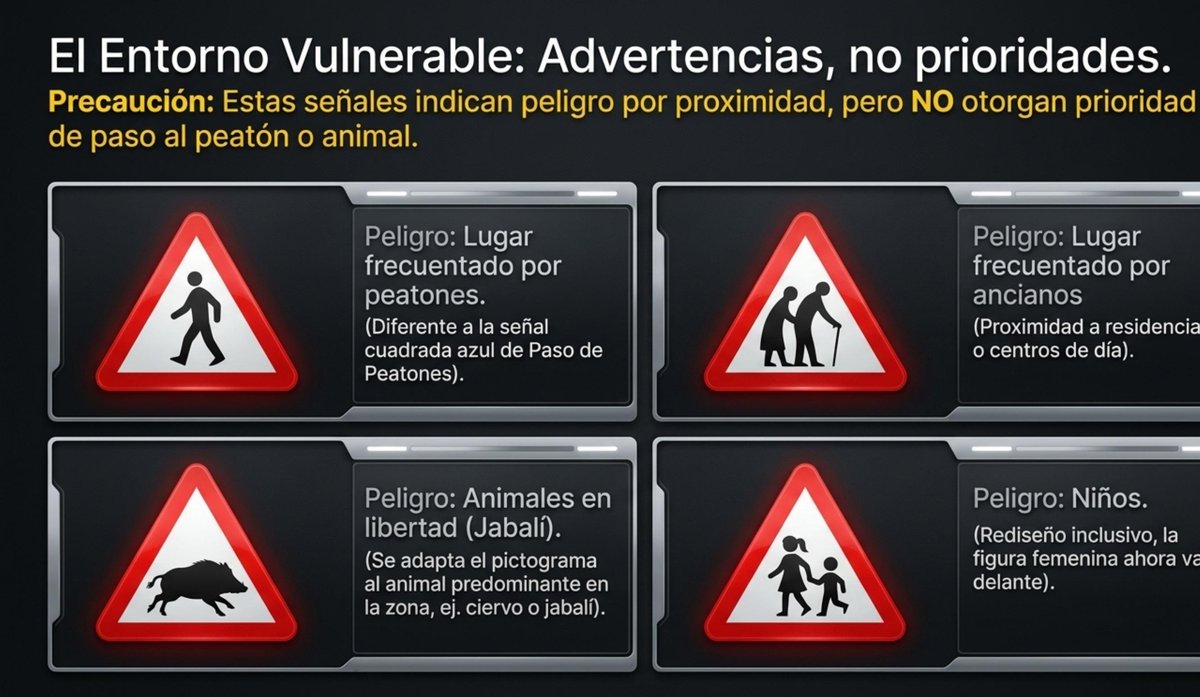 Señales DGT 2026 entorno vulnerable: peatones, ancianos, jabalí y niños con figura femenina delante