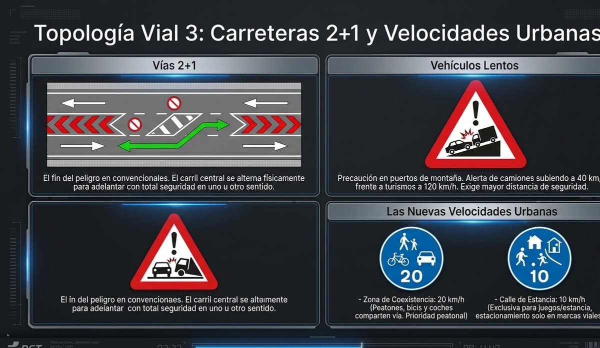 Carreteras 2+1 y nuevas velocidades urbanas DGT 2026: zona coexistencia 20 kmh y calle estancia 10 kmh