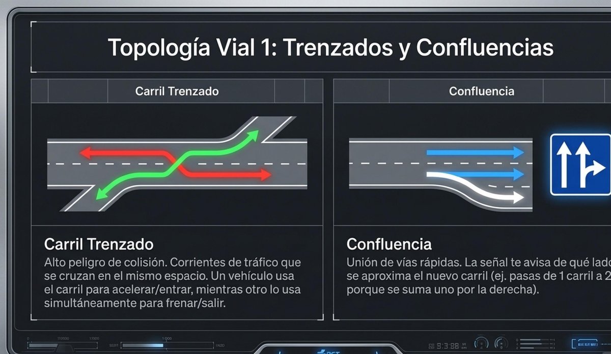 Topología vial DGT 2026: carril trenzado peligroso y confluencia de carriles por la derecha con señal vertical