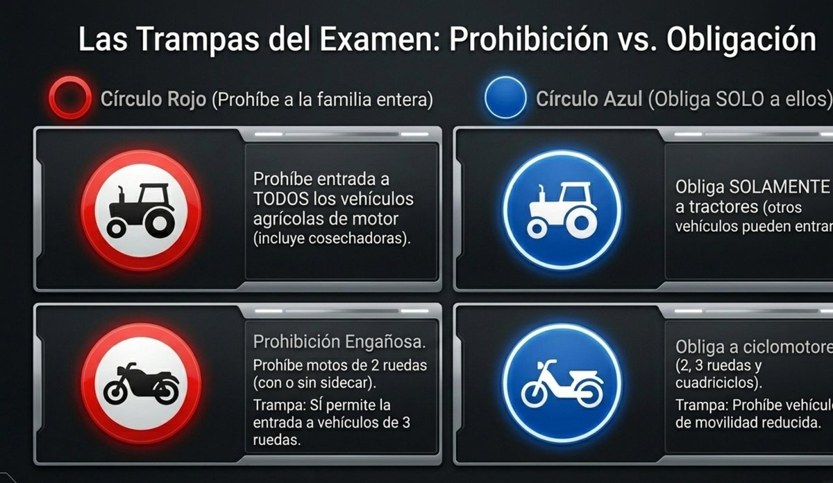 Trampas examen DGT 2026: diferencia entre círculo rojo de prohibición y círculo azul de obligación para tractores y motocicletas