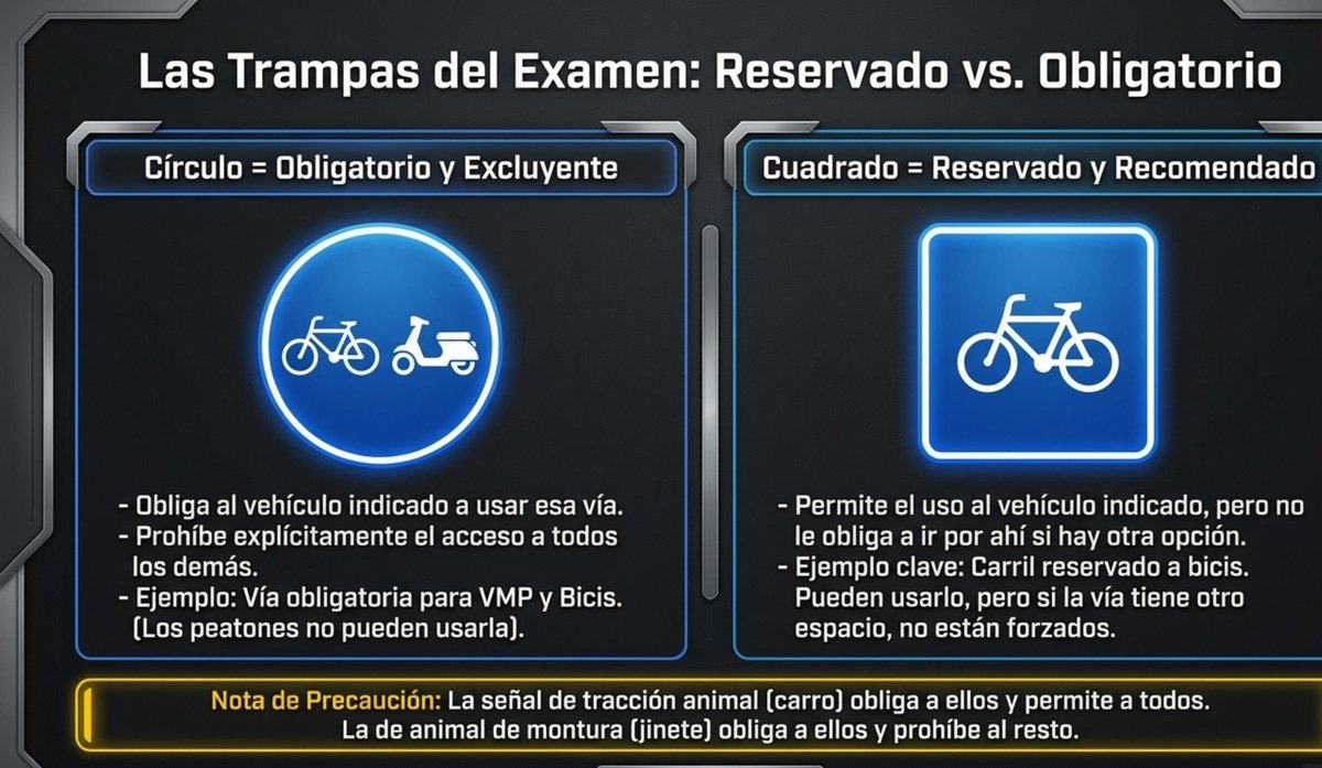 Trampas examen DGT 2026: círculo azul obligatorio y excluyente vs cuadrado azul reservado y recomendado para bicicletas