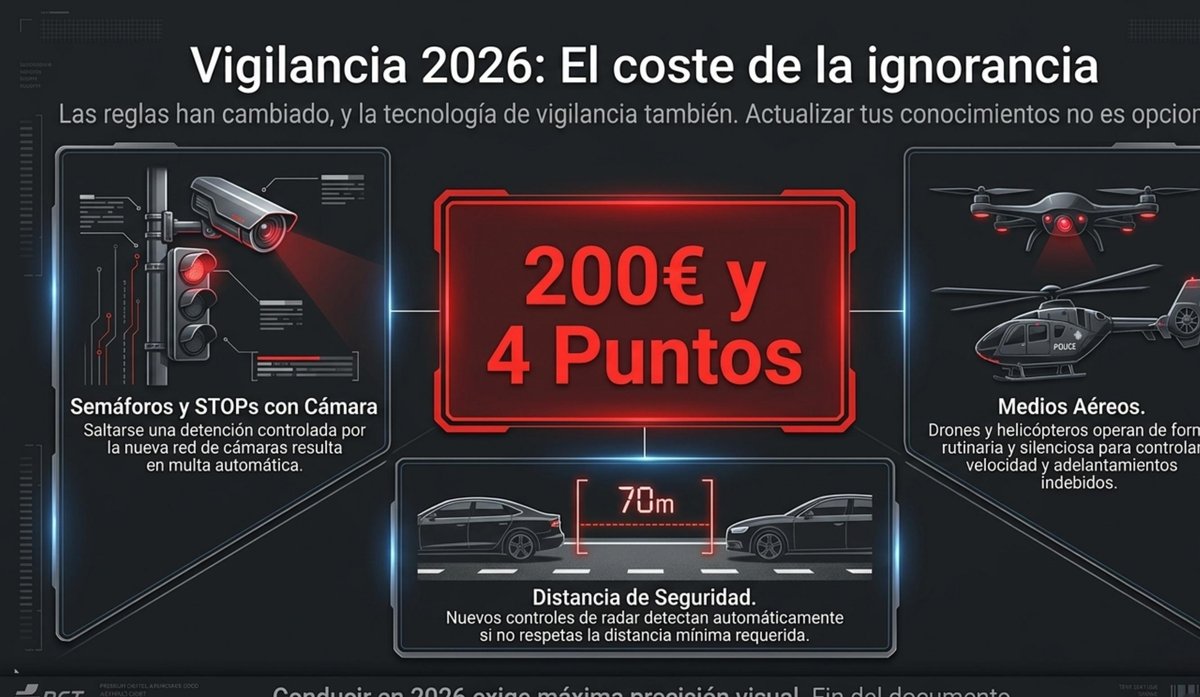 Vigilancia DGT 2026: cámaras en semáforos y stops, control distancia seguridad y radares aéreos drones helicópteros con multa 200 euros y 4 puntos